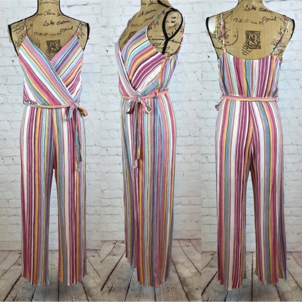 Staccato Crinkly Pastel Striped Crossfront Wide Leg Jumpsuit
